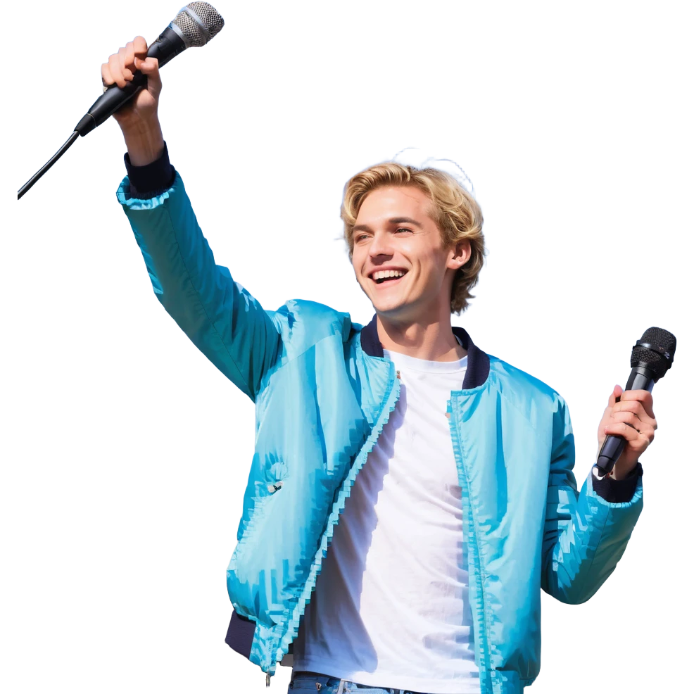 Pixel art style, expressive male performer, Caucasian features, short sandy blonde hair, lively eyes, wide cheerful smile, wearing a sky blue jacket over white tee, tossing a microphone in one hand, waist-up, front-facing emoji