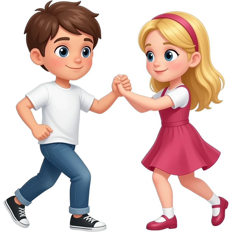 two kids, one boy with brown hair and white tan, and one girl blonde hair and white tan playing tango dressed casual like kids emoji