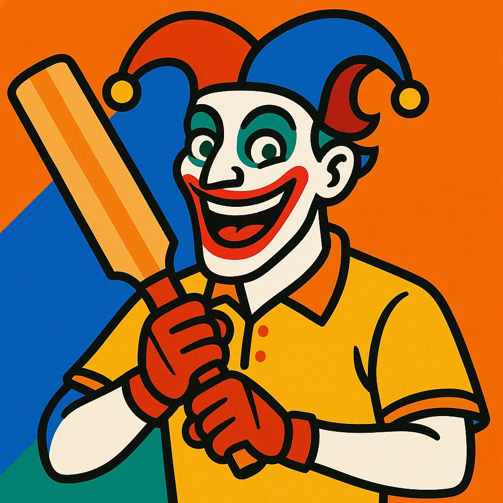 joker character wearing a yellow cricket jersey, holding a cricket bat, expressive, vibrant colors emoji