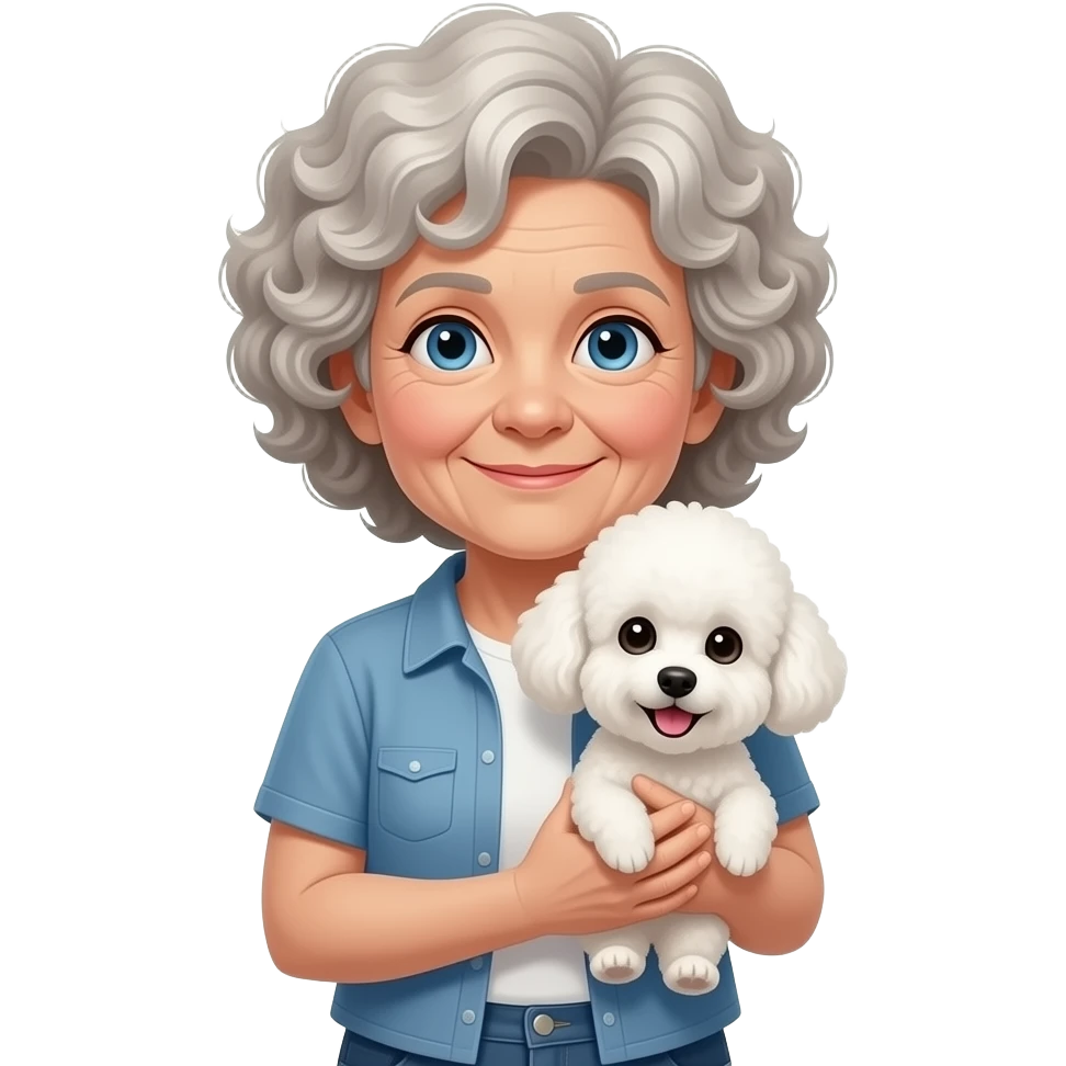 Elder woman curly hair blue eyes having a  white Maltipoo emoji