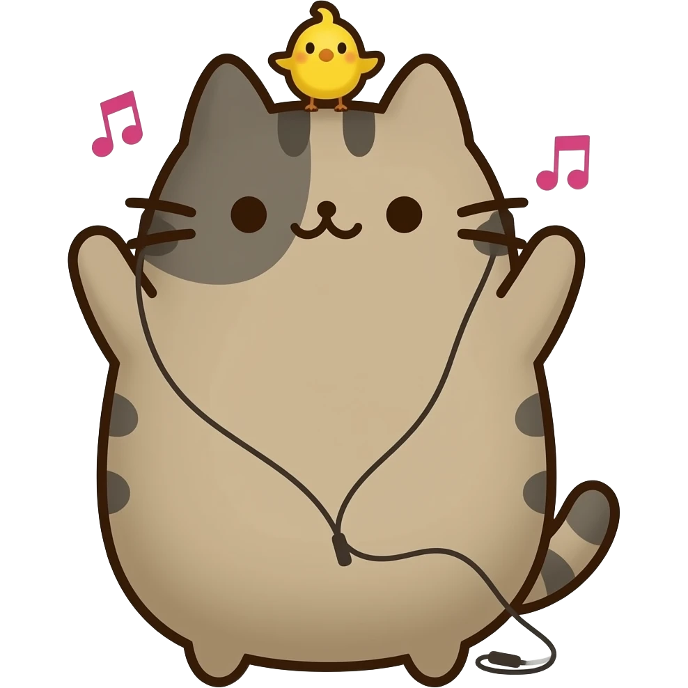 pusheen the cat with a small yellow bird on his head, listening to music in earphones. the image must be a transparent .png emoji