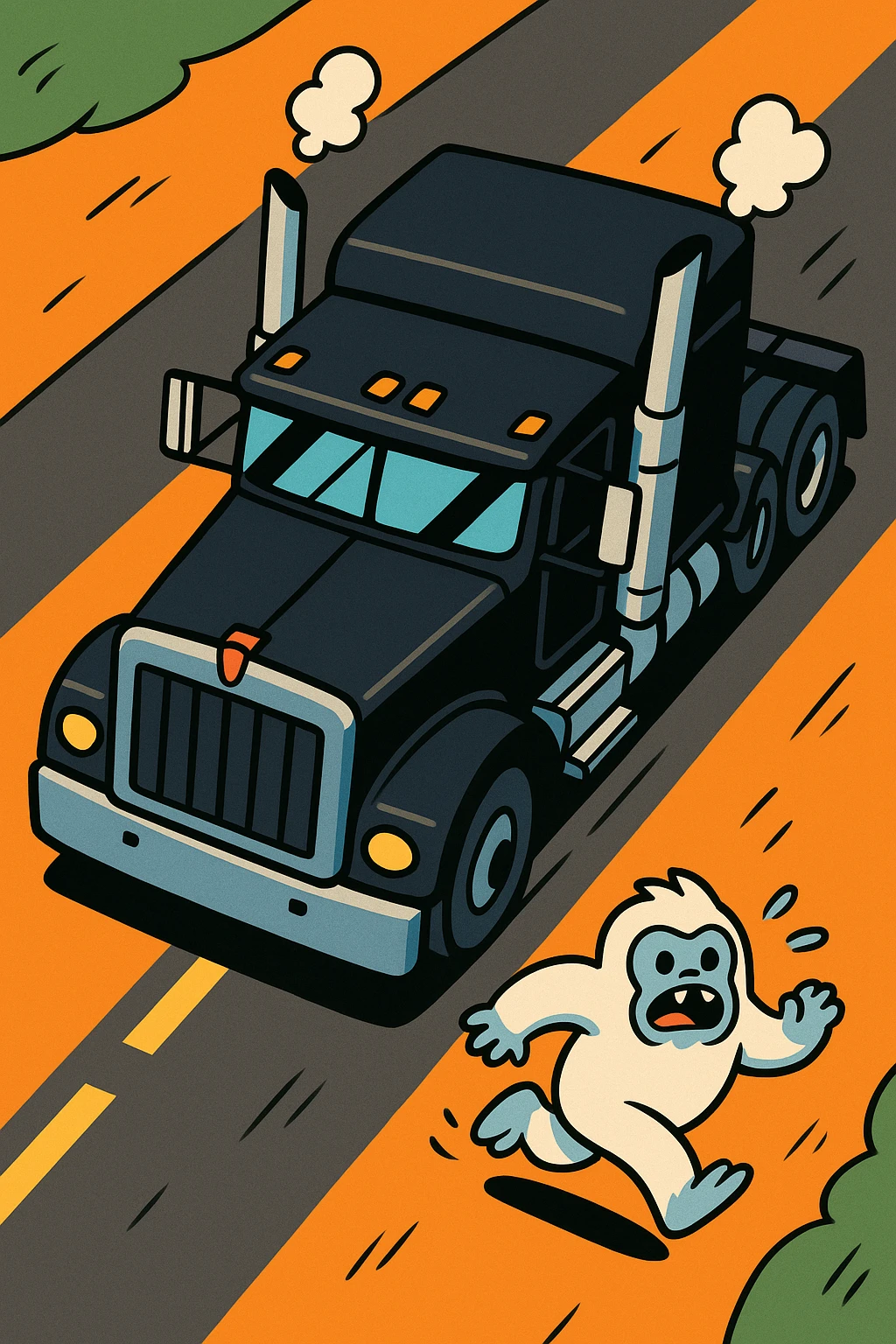 top-down view of a black 2026 Kenworth W680 flat top semi sleeper with stacks in pursuit of a tiny white abominable snowman running down a road, cartoon style, energetic, no text emoji