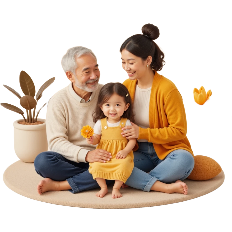 family photo featuring a multigenerational group with grandparents, parents, and child, lifelike details, warm inviting background, skeuomorphism style emoji