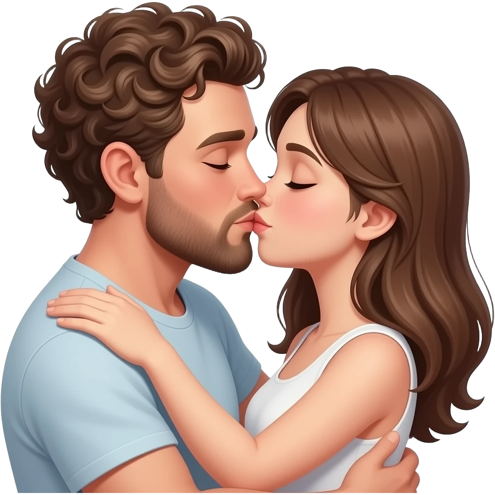 Realistic white man super short curly brown hair with beard kissing passionately and hugging realistic white girl brown hair emoji