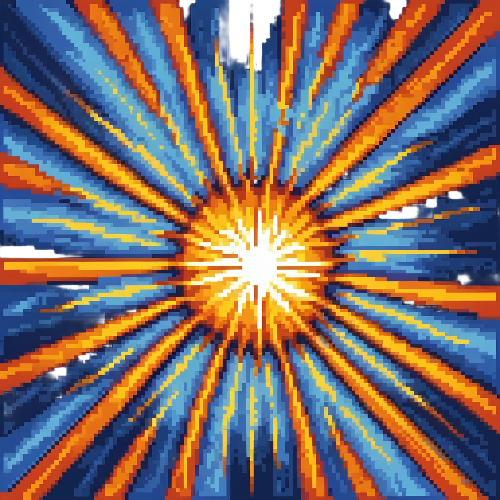 Bomberman explosion center tile animation frame 2, full size bright fiery explosion core, yellows and oranges radiating from center, peak of explosion emoji