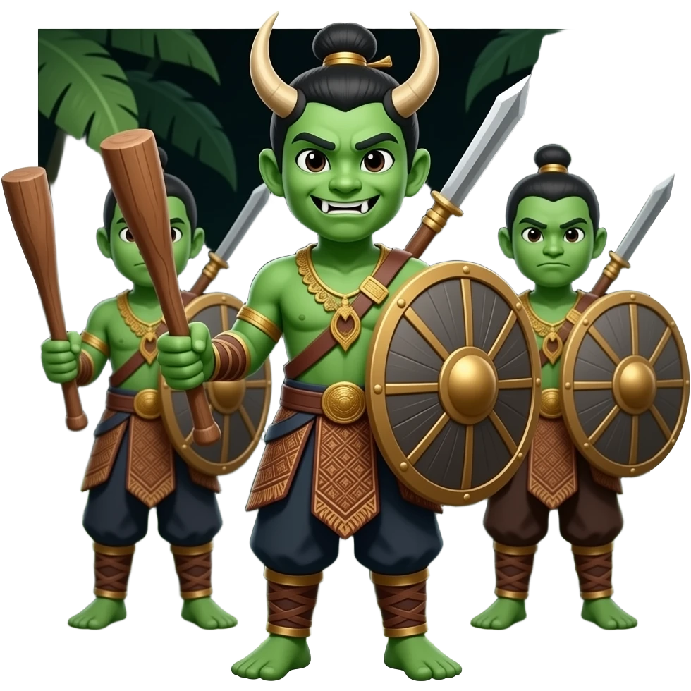 A Thai demon soldier (Basic), green skin, holding a wooden club and shield, simple traditional warrior uniform, standing in formation, dark jungle background, card game style. emoji