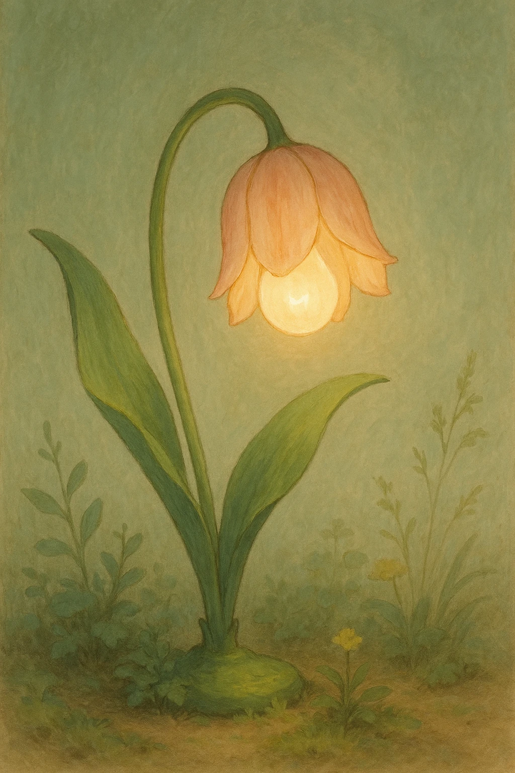 a lamp made out of a tulip flower, the bulb in the flower, natural colors, soft, fairy-like atmosphere,  emoji