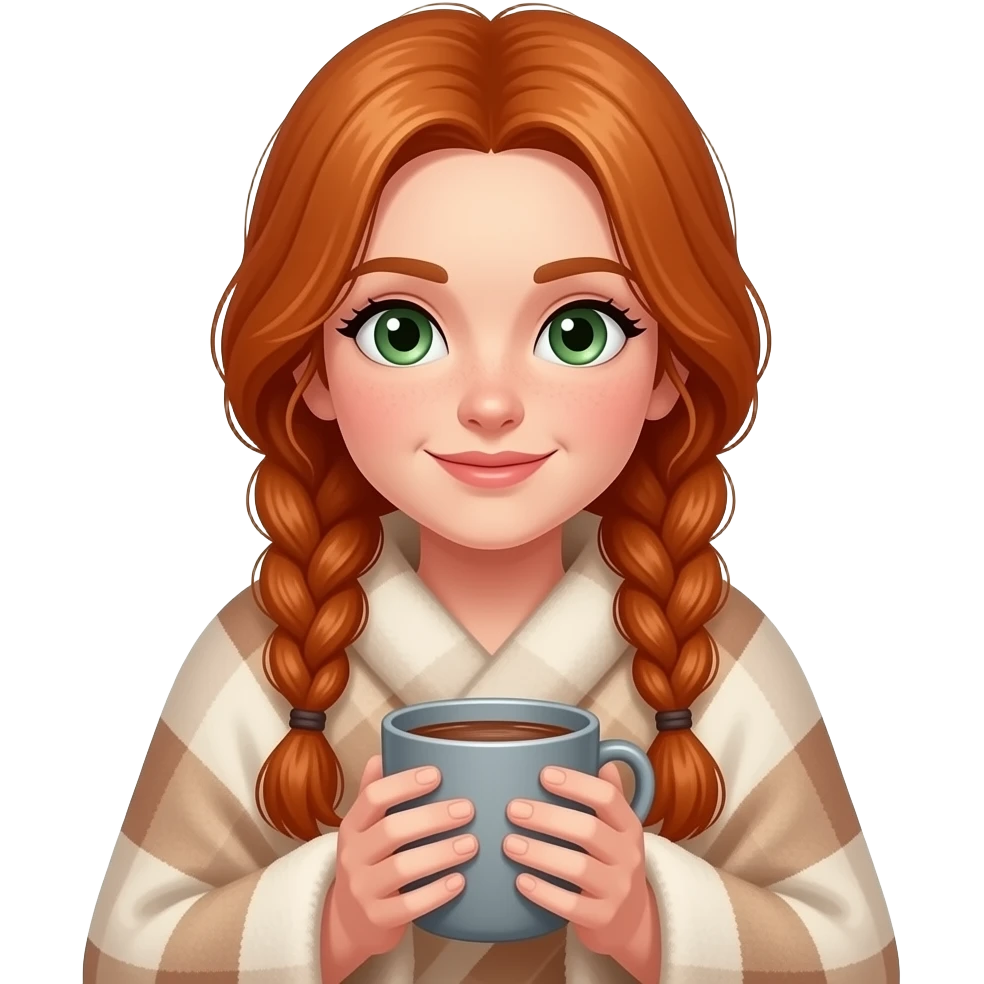 emojis.com a-redhead-girl-with-long-braided-hair,-green-eyes, wrapped in a blanket with a gray a-cup-of-hot cocoa. emoji