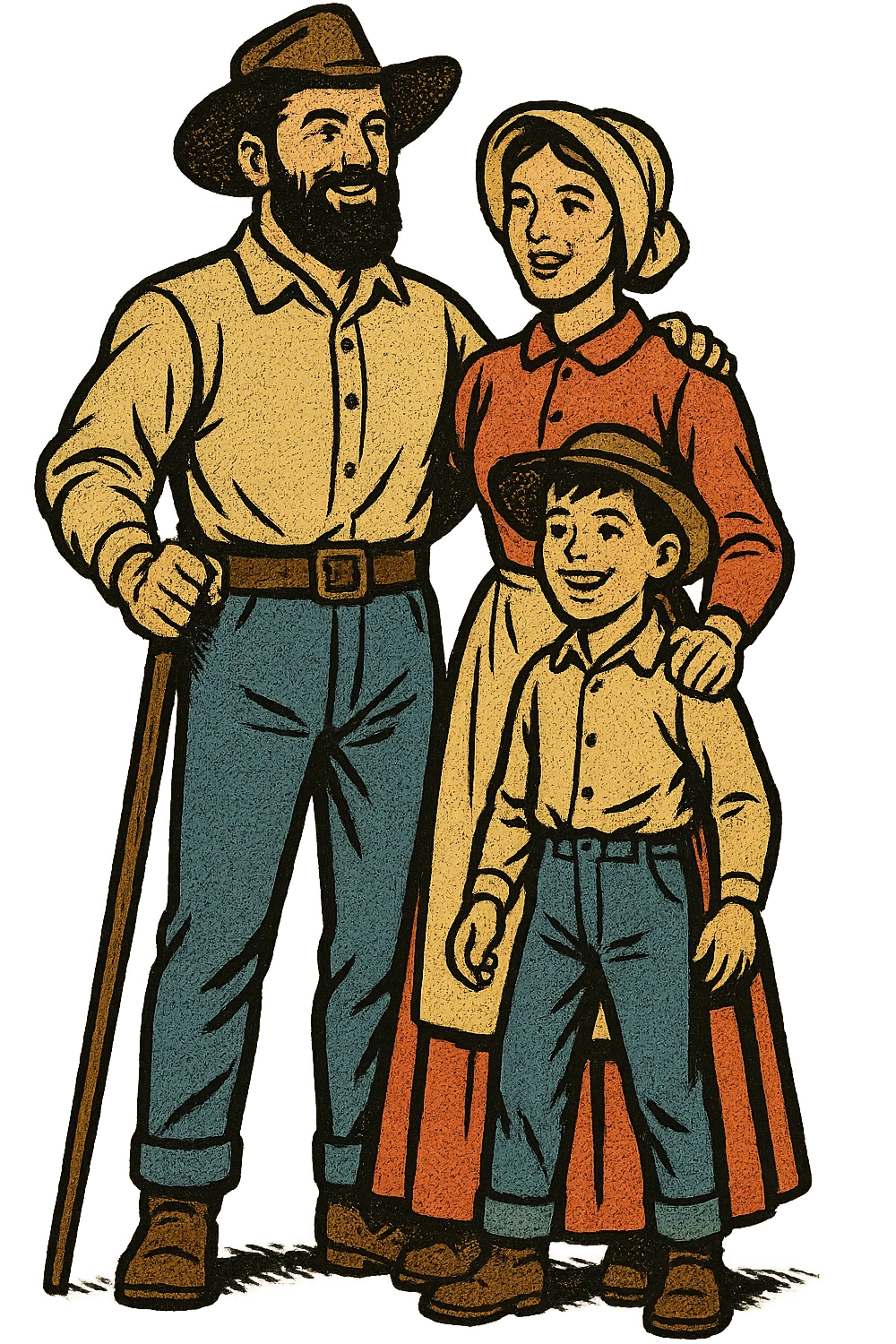 The full bodies of a pioneer homestead family from the 1860s who are looking forward to their new life in the American West. There is one father, a mother and a young boy standing close together.  emoji