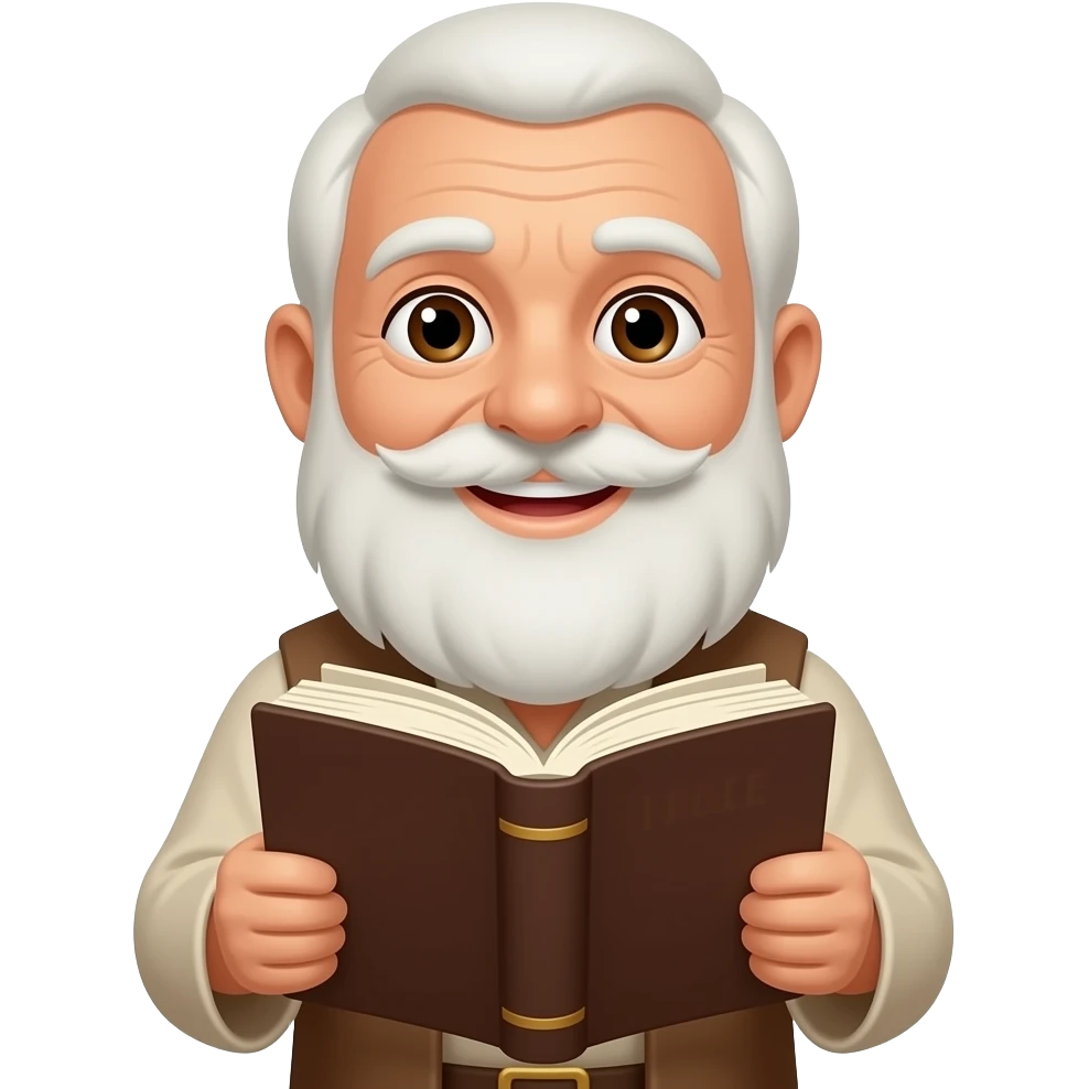 wise old man light brown skin brown eyes white beard smile with Bible emoji