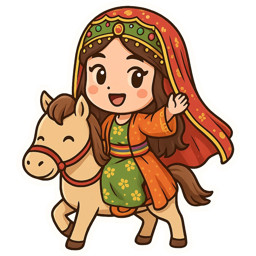 cartoon Kurdish bride wearing traditional female clothes, riding a horse, in a separate frame designed for bride, happy and colorful, no text, suitable for WhatsApp and Instagram sticker, transparent background emoji