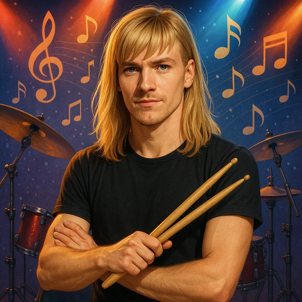 blonde male drummer, long top hair with bangs, holding drumsticks, confident look, music-themed background emoji