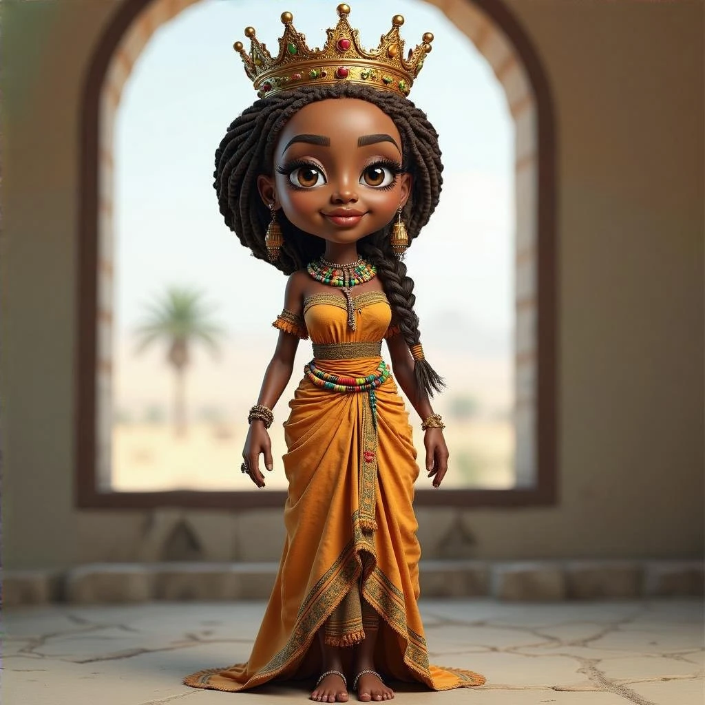 Create me a Stylized 3D Character Art of an beautiful Ethiopian Queen of Sheba wearing a queen crown, traditional Ethiopian habesha kemis dress. Make it have a balance of realism and caricature. Give her beautiful hair with braids and make her brown skinned. Make the image a portrait size  emoji