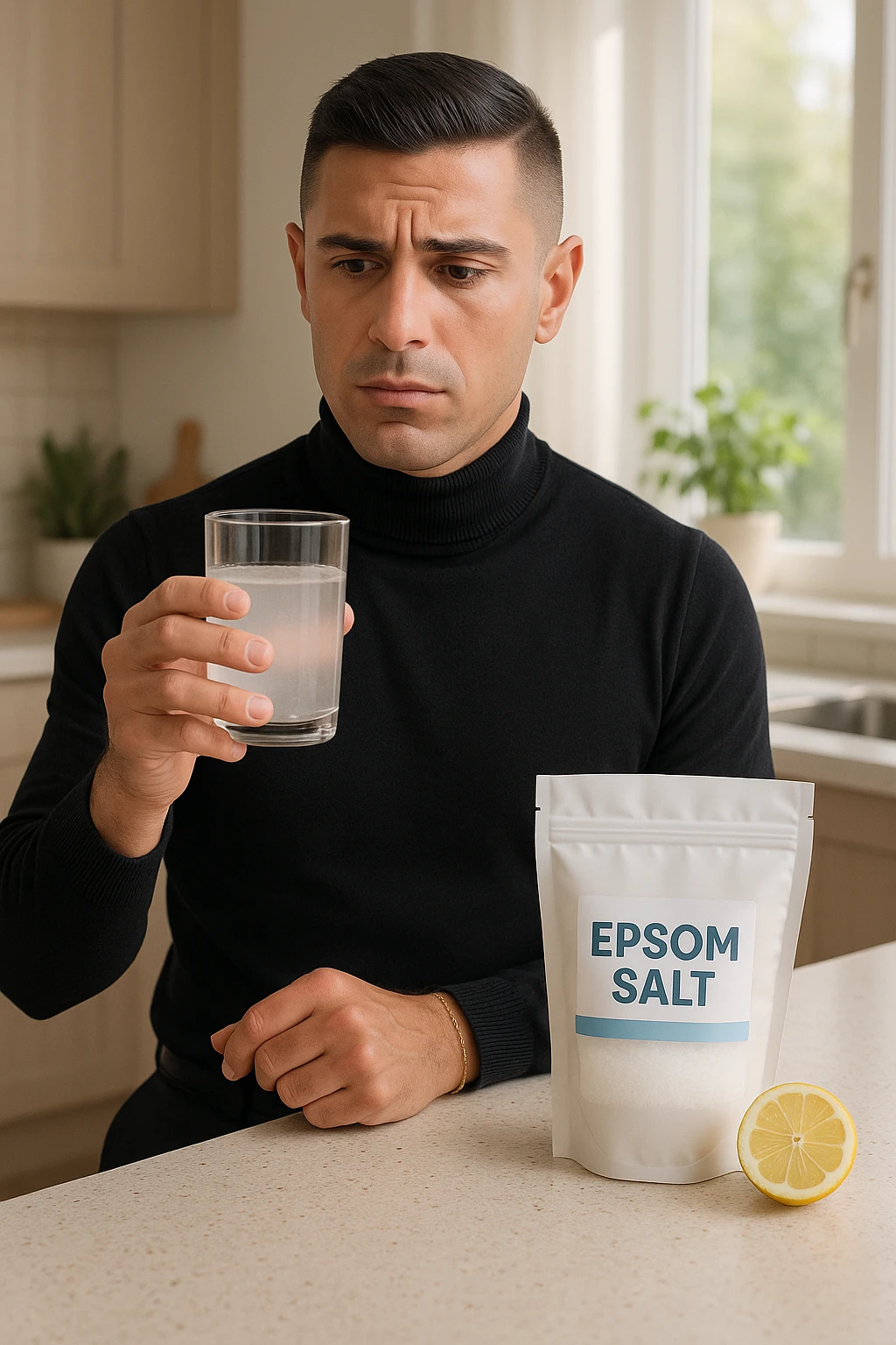A realistic, bright photo-style image of a young man in his 30s standing in his kitchen, holding a clear glass filled with water in which Epsom salt (magnesium sulfate) has been dissolved. He looks focused but slightly uncertain as he prepares to drink it for a liver flush or digestive cleanse. The glass shows slight cloudiness from the dissolved salt. On the counter are a packet labeled 'Epsom Salt' and a sliced lemon, suggesting he might use it to mask the taste. The setting is clean, natural, and bright with neutral tones. The background shows sunlight streaming through a window, emphasizing a clean, minimalist health-focused environment. The mood conveys a realistic, calm moment of self-care with a hint of discomfort, illustrating a natural detox practice in italiano emoji