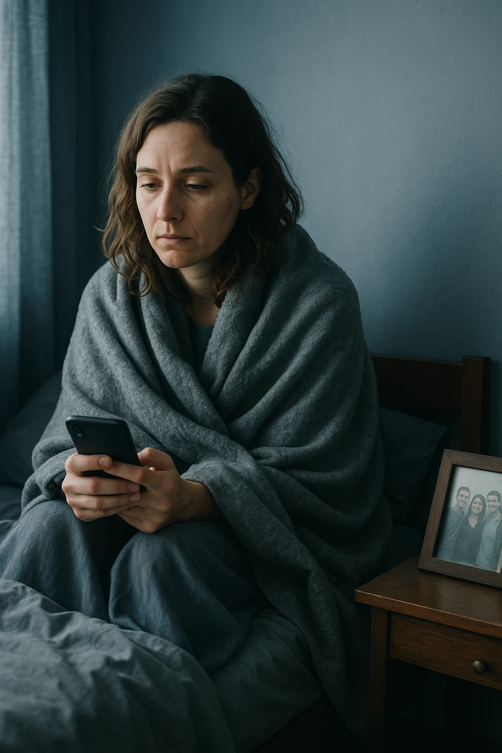 Donna tra i 30 e i 35 anni seduta da sola in una stanza, avvolta in una coperta, guarda il telefono ma non risponde ai messaggi. Sul comodino, una foto con amici, leggermente coperta dalla polvere. Sguardo perso nel vuoto. La stanza trasmette solitudine e distacco. Colori freddi, luce naturale tenue emoji