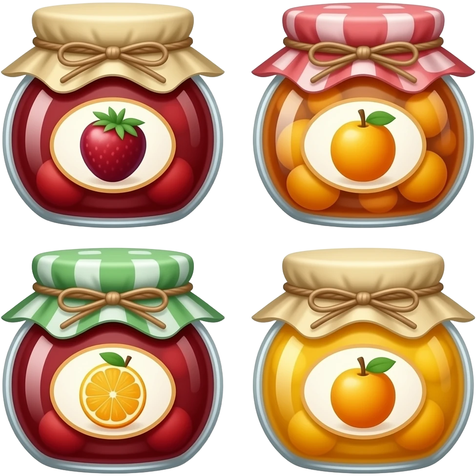 4 different shapes jam jars with fruits lable emoji