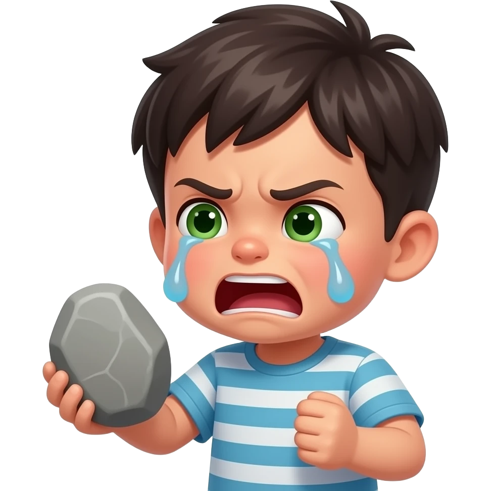 Little slim dark haïr boy with green eyes se sing big stones with very angry face, crying emoji