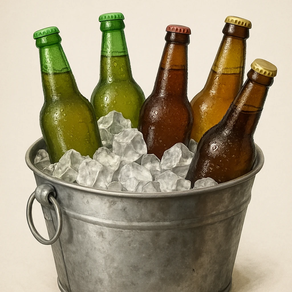 a realistic illustration of a bucket with assorted beers and ice, condensation on the bottles emoji