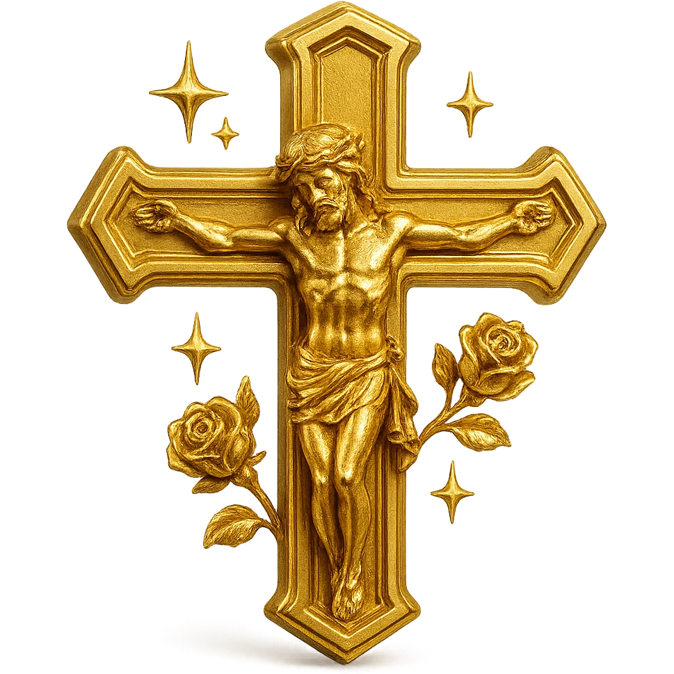 gold crucifix with sparkles and roses, dramatic lighting, 90s Catholic fashion grunge style, painterly and vector blend, discord emote size emoji