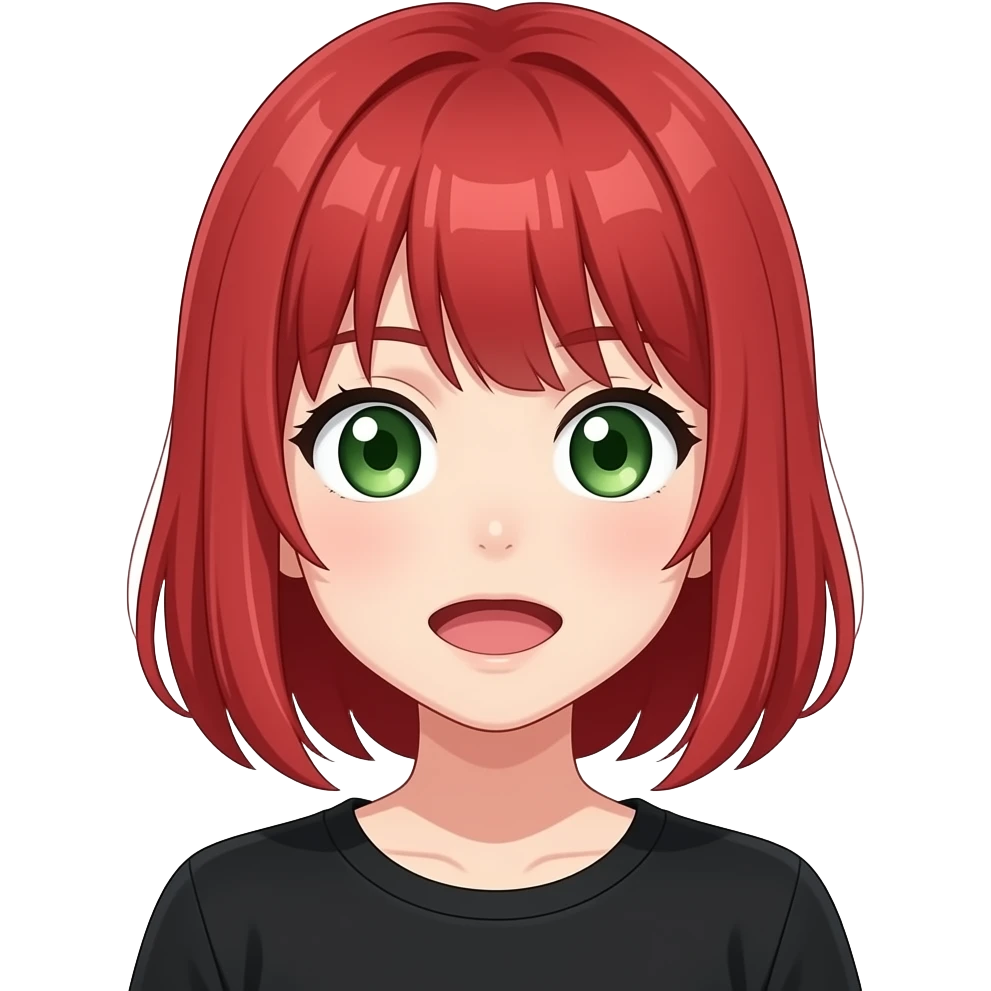 anime girl silly expression red hair green eyes black shirt emoji