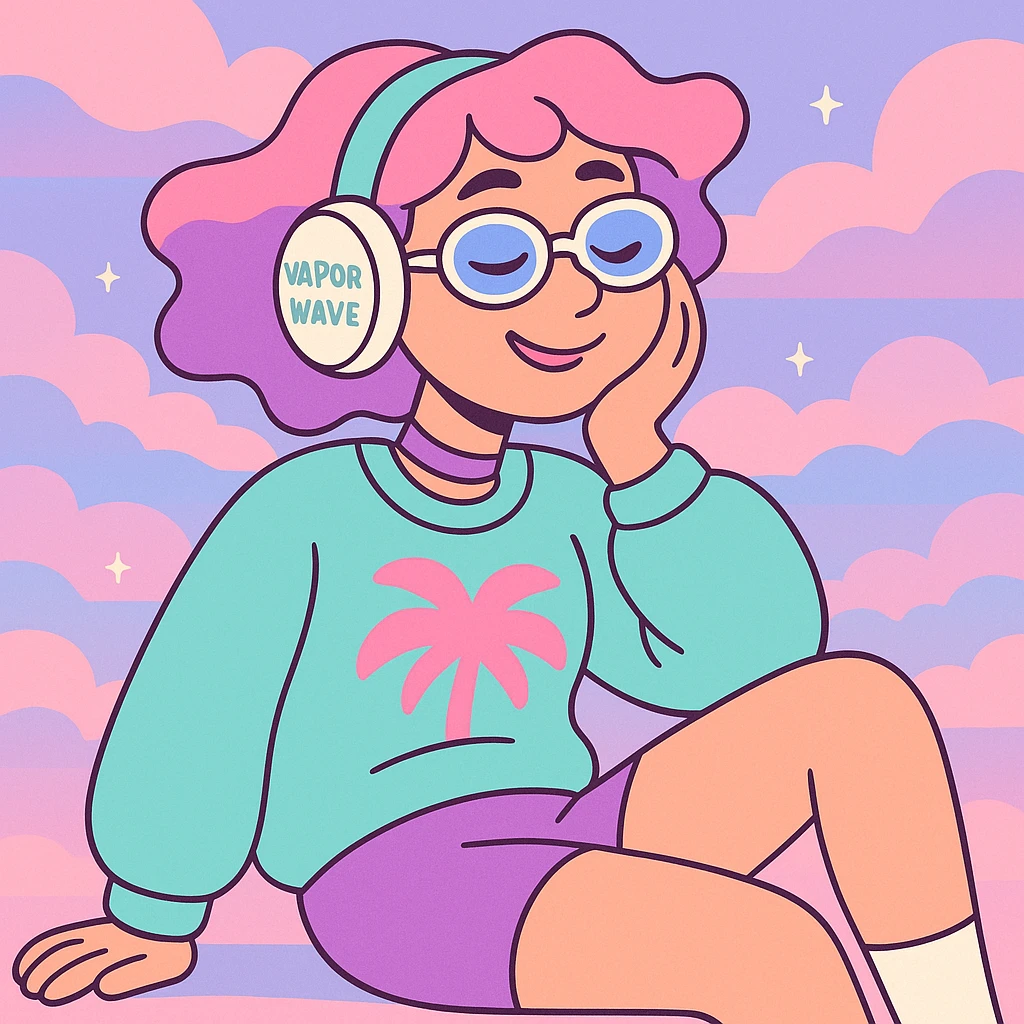 vaporwave chill girl, pastel colors, retro 80s aesthetic, relaxed pose, dreamy background emoji