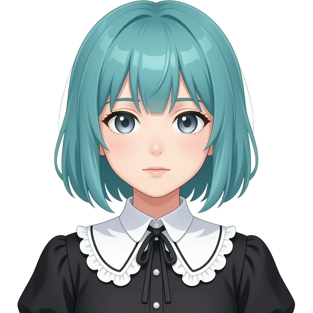 anime girl, pensive,  teal hair, grey eyes, black shoulder blouse with fancy white collar emoji