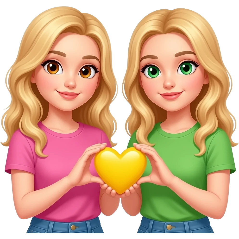 Foto de 2  rubias cogiendo un corazon amarillo con las manos la de la izquierda con una camiseta rosa y la otra con una camiseta verde con los ojos marrones la de la derecha y la de la izquierda color marrones y verdes emoji