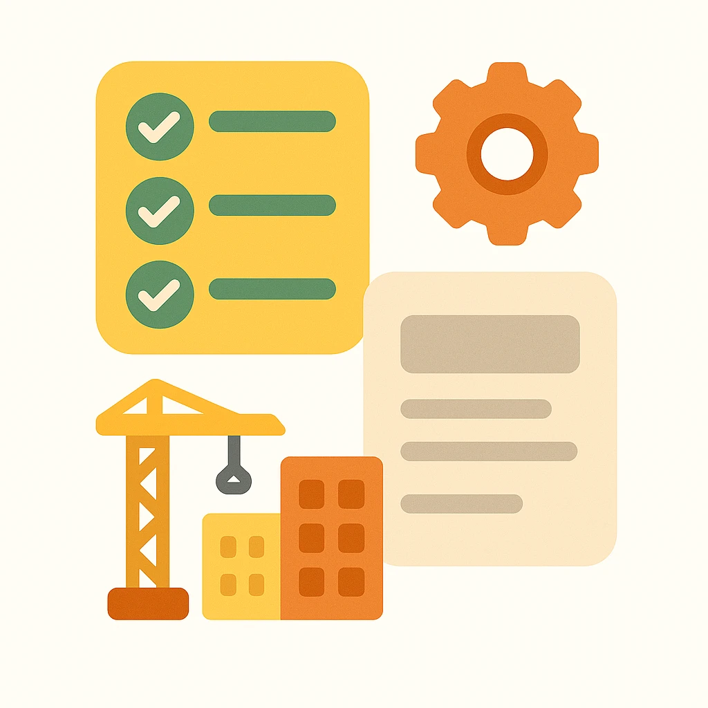 Flat emoji-style illustration of a software registry for a construction company. Includes a checklist/database icon, small gear/settings symbol, building/crane for construction theme, and a simplified UI card with lines for descriptions. Rounded shapes, soft shadows, friendly color palette. Clear, professional, and approachable emoji