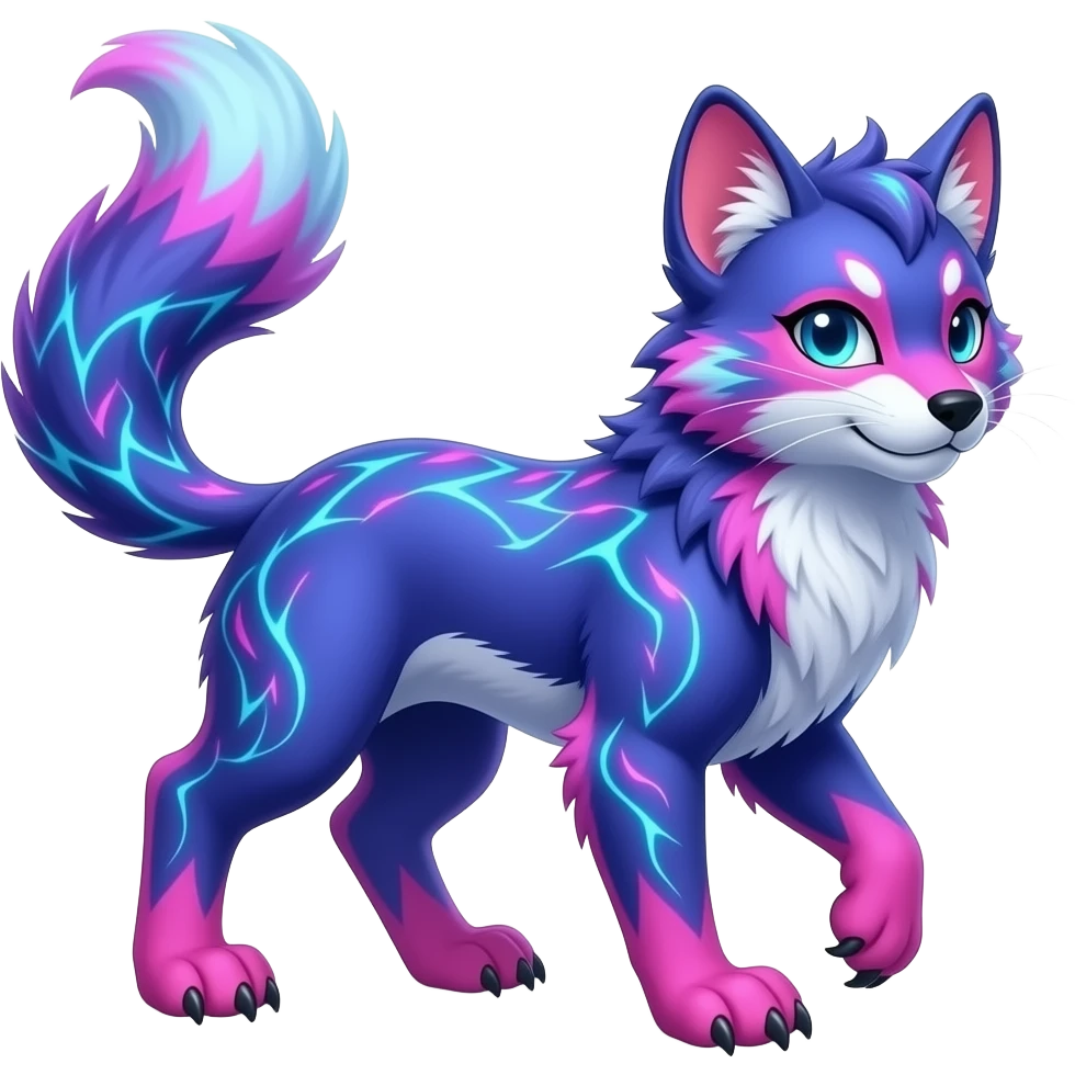 Neon-colored fantasy feline-Fionbri-canid-rodent-marsupial-critter-vernid-fursona animal creature full body with intricate markings emoji