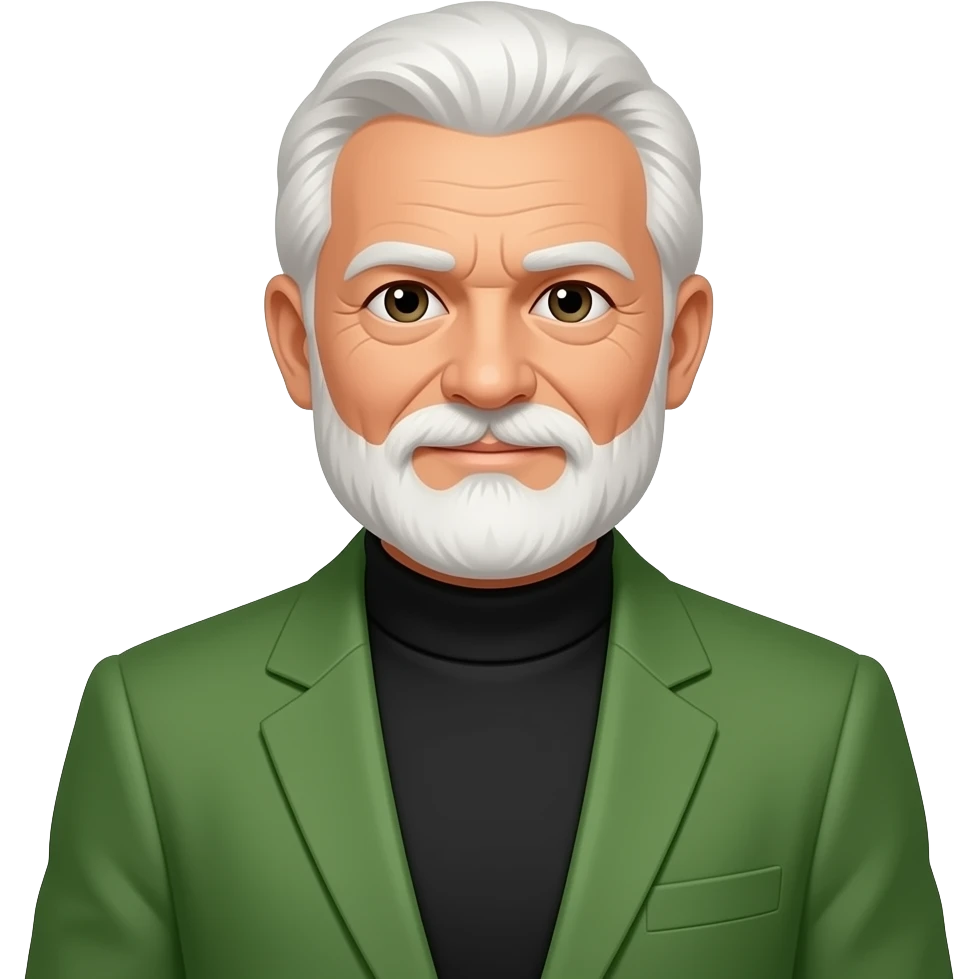 old man with white beard and white hair wearing a green blazer and a black turtleneck emoji