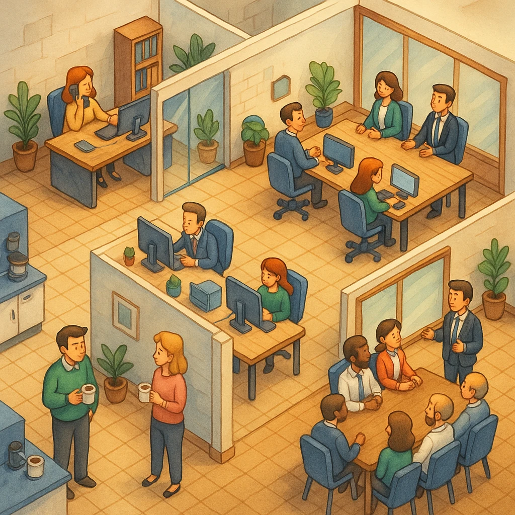 В слегка рисованном, но при этом ярком и объемном стиле - четкую, изометрическую 3D-сцену в мультяшном стиле с видом сверху под углом 45°, изображающую офис кабинетами, open space и другими характерными местами. В офисе работают люди - кто-то говорит по телефону, работает за компьютером, другие пьют кофе, сидят на общем собрании, переговори. Используйте мягкие, изысканные текстуры с реалистичными PBR-материалами и мягким, реалистичным освещением и тенями, не обрезать картинку краями кадра emoji