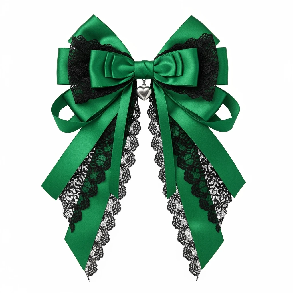 green gothic bow with black lace trim and heart charm, remove background emoji