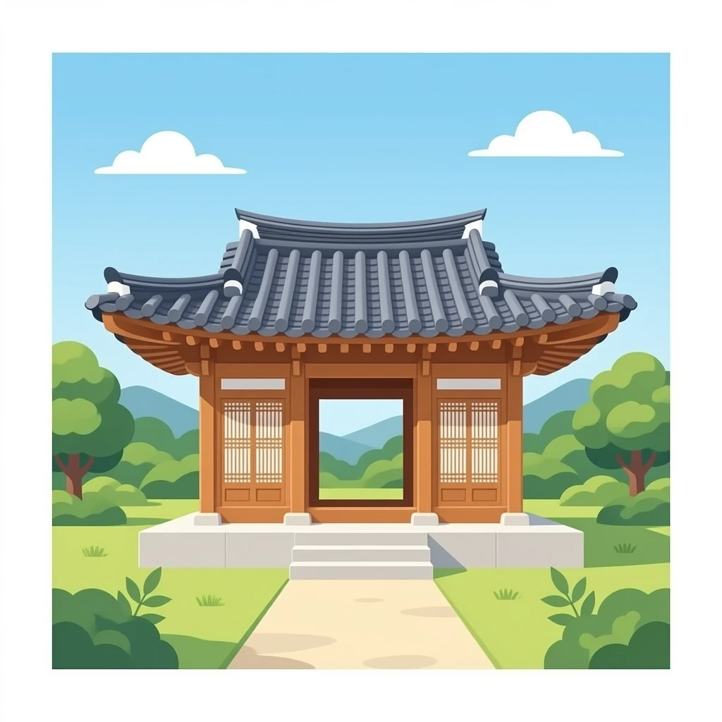 aesthetic korean traditional pavilion emoji, wooden gazebo with curved roof, surrounded by nature, minimal clean design, soft lighting, centered composition emoji