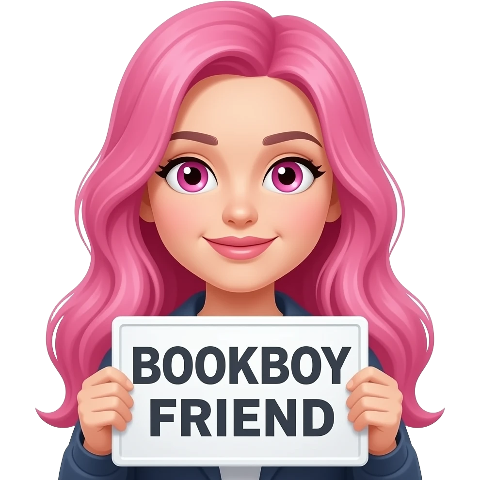 sexy girl with long pink hair and pink eyes  holding a BOOKBOY FRIEND sign emoji