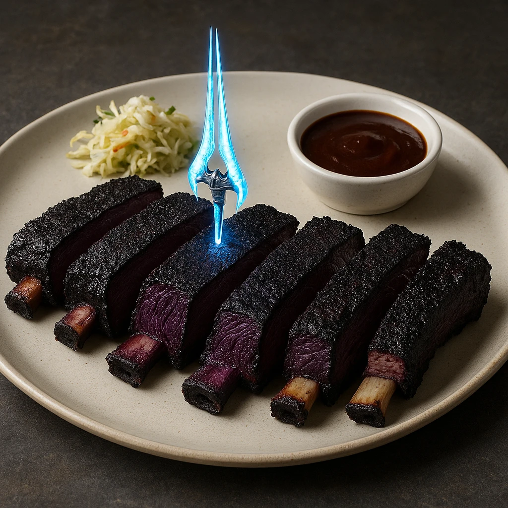 a delicious plate of smoked ribs, the color of the meat is succulent dark blackish purple, the 5 Michelin star dish is plated with a tiny energy sword piercing the center emoji