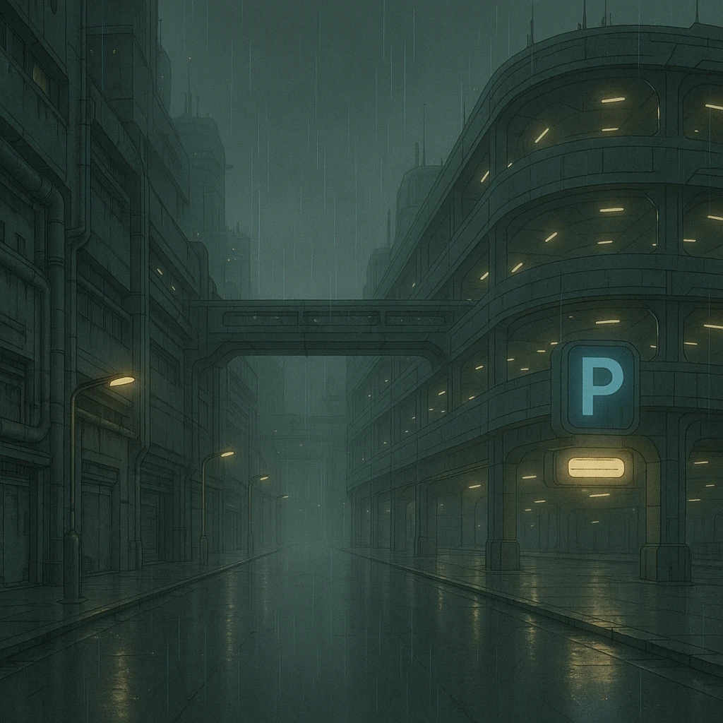 a dark, drab industrial street, dim lights, thick fog and rain. no cars. parking structure. pre-twilight gray. dystopian futurepunk, but the streets are clean, massive structure, very futuristic emoji