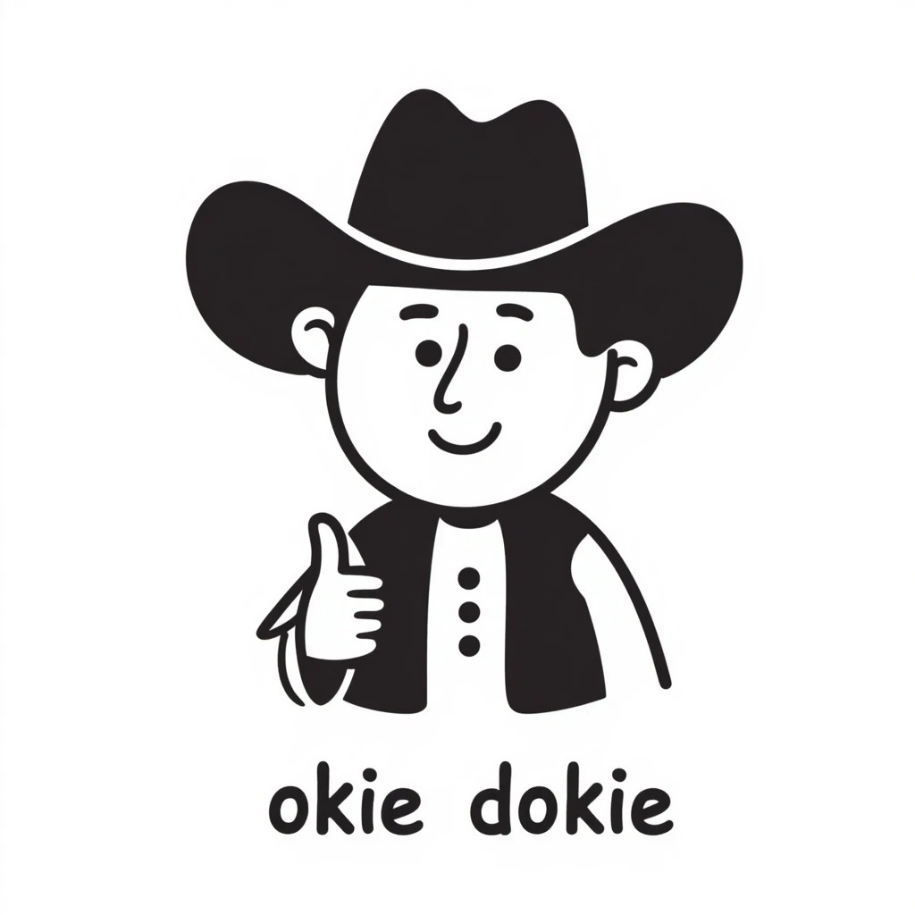 cute cowboy emoji giving a thumbs up, with 'okie dokie' written in a friendly, rounded font emoji