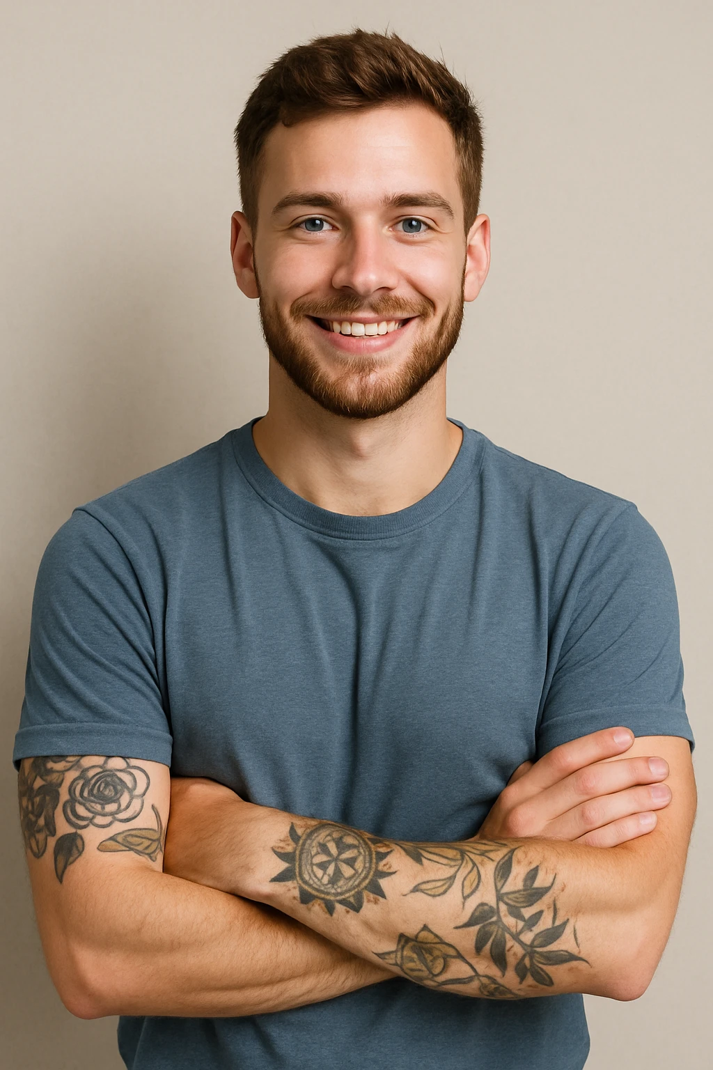 A confident, smiling man, 25, blue eyes, brown hair, short beard, arms crossed, tattoos visible on his left arm. emoji