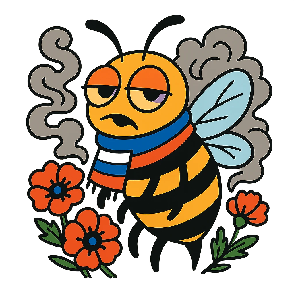bee with a Russian flag scarf, droopy eyes, surrounded by swirling smoke and poppy flowers, playful rebellious attitude emoji
