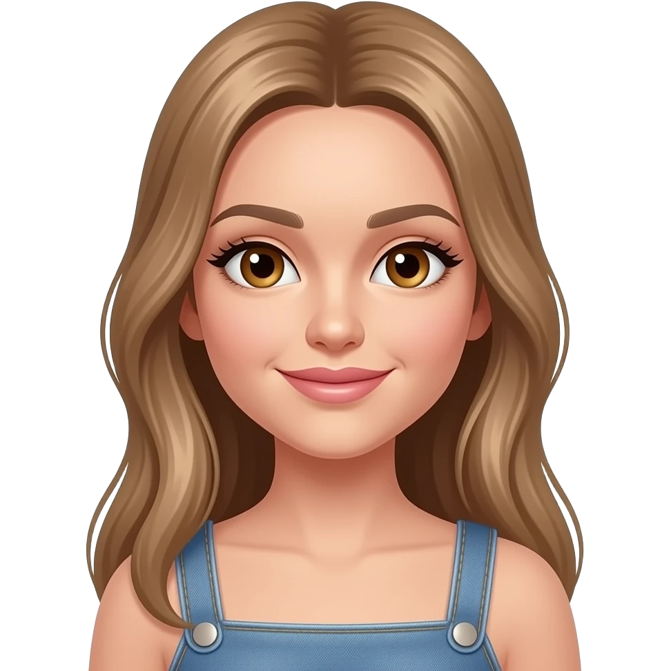 Woman with an oval face, light tan glowing skin, large almond-shaped hazel eyes with long lashes, light full arched eyebrows, straight slim nose, full lips, long light blondish brown smooth hair, symmetrical model-like face, elegant and light smile . Wearing Crop top and jeans and looks real emoji