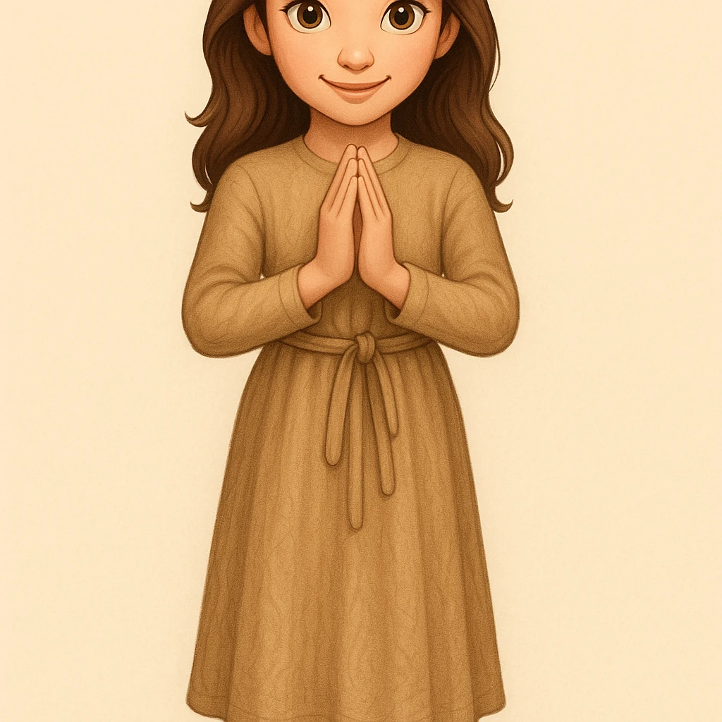 Enhance the face to be very pretty and detailed, with expressive features. Make the dress more detailed and textured, keeping the same light tan color and fullbody pose. Render in emoji style. emoji