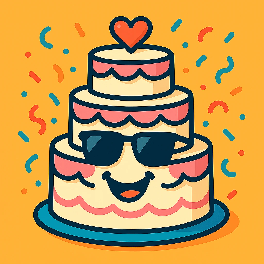 smiling wedding cake with sunglasses and confetti, humorous and festive, ideal for engagement or wedding stickers emoji