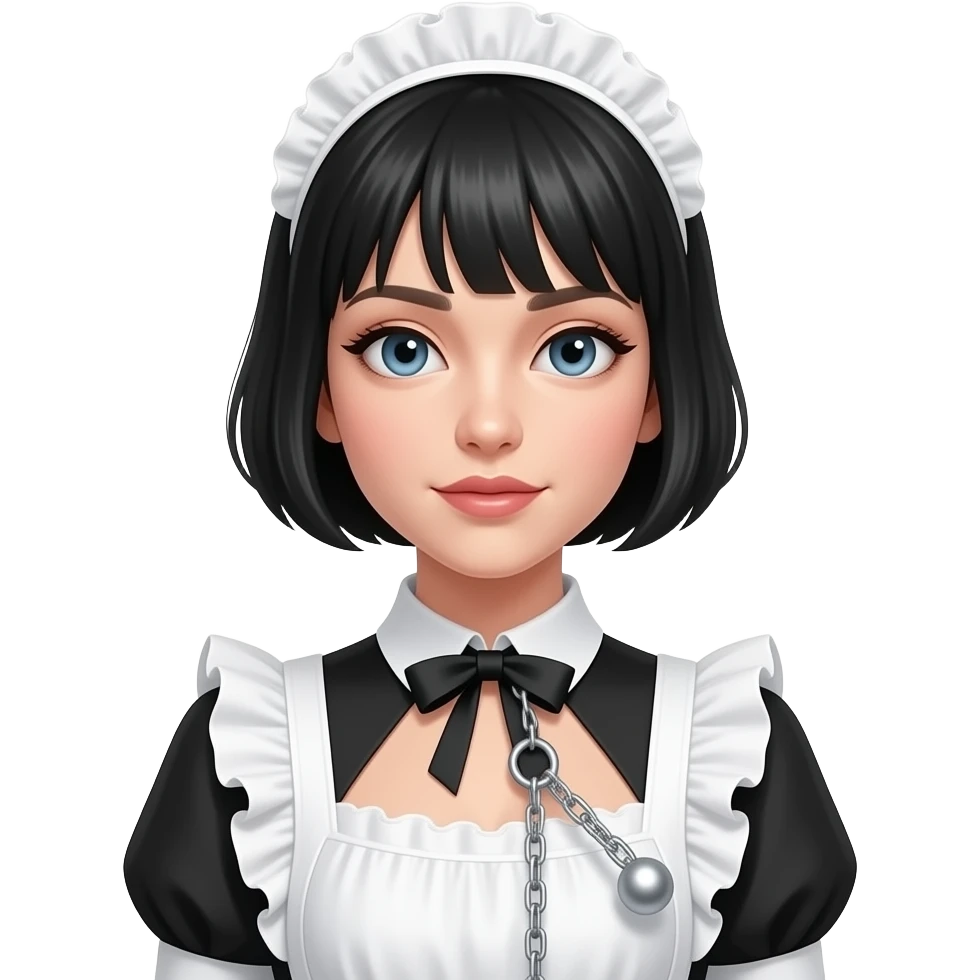 female, black short hair ball & chain attached to leg, victorian style maid outfit emoji