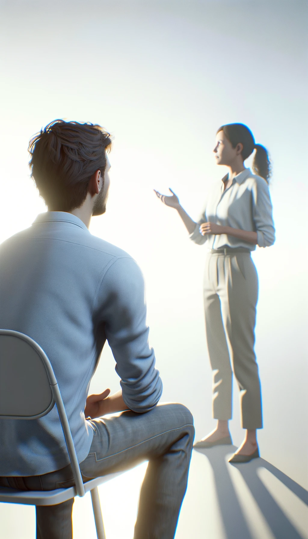 una persona parla e un altra persona di spalle lo ascolta, immagine iperrealistica 4k, sfondo chiaro emoji