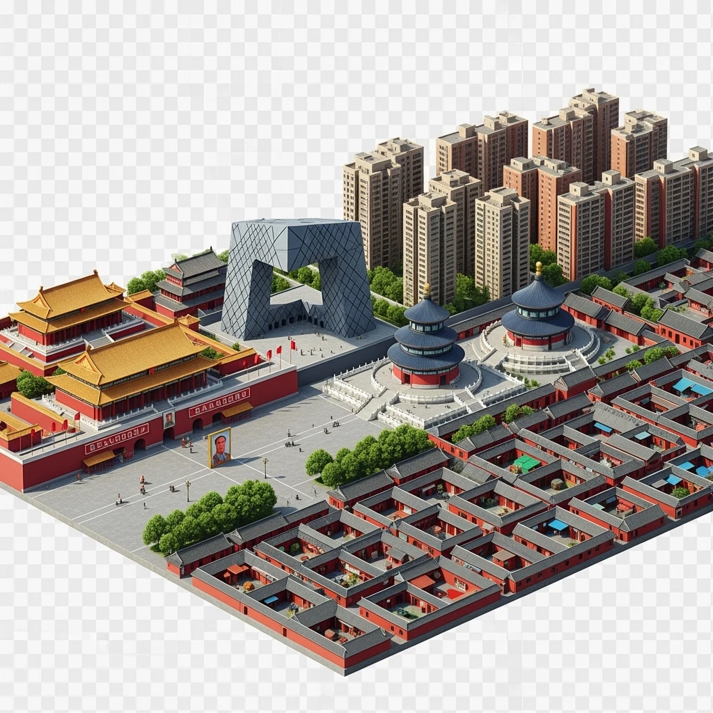 Isometric miniature of Beijing Forbidden City, Tiananmen Square, CCTV Headquarters, Temple of Heaven, and crowded hutong alleys, sprawling apartment blocks, 3D miniature effect and Tilt Shift effect, no cartoonish look, transparent background. emoji