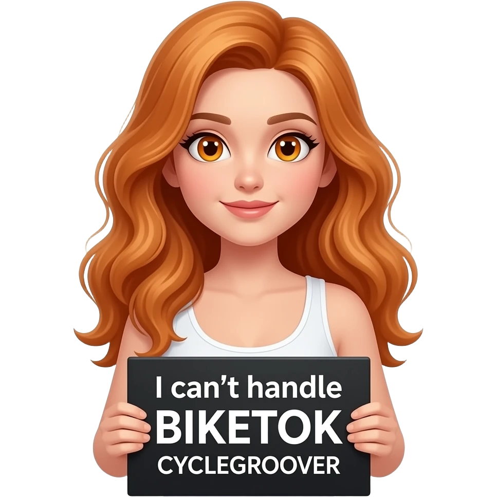 sexy girl with long wavy ginger hair and ginger eyes wearing a white tanktop is holding a black colored sign with I can't handle BIKETOK CYCLEGROOVER written on it emoji