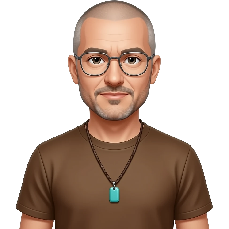 pointed chin pointed chin haved face pendant without a clasp Turquoise on brown paracord t shirt shaved grey short hair full-length photo of extreme streetwear clean-shaven face cool boy thin metal-framed glasses very entellectual man, 52 years old street wear stubble, shaved short with clippers emoji