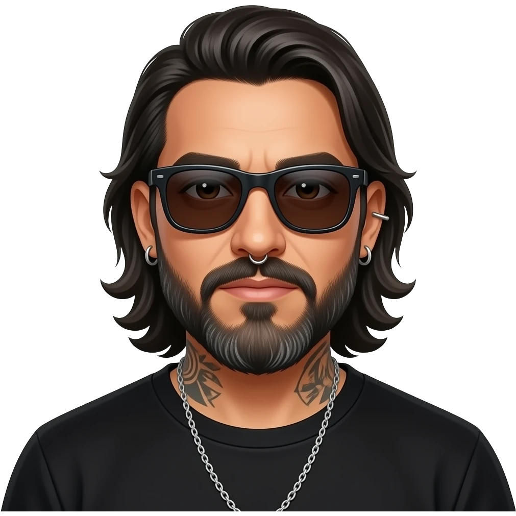 The handsome manly Latino podcast host with medium length hair, a long slightly graying beard and tattoos with his ears pierced 1 time each ear and a nose ring on the right side, dark brown eyes, wearing black, dark sunglasses, and jewelry, ready to fight emoji