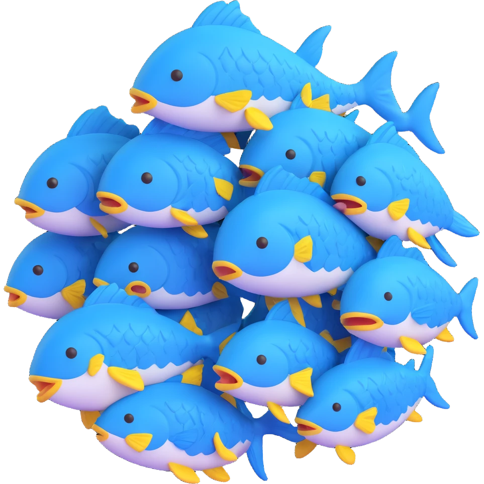 large pile of blue fish, 3D emoji style, no pedestal, variation 1 emoji