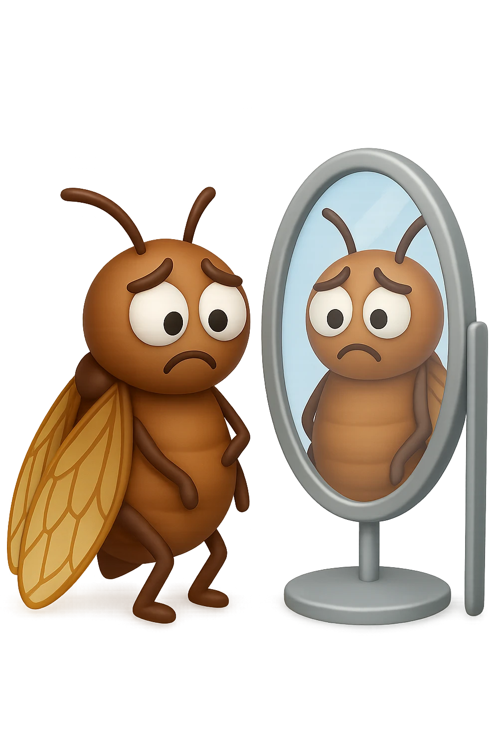 EMOJI STILE IPHONE 3D DI una cicala troste che si guarda allo specchio insoddisfatta del suo fisico, fagli gli occhi bianchi , non solo la pupilla emoji